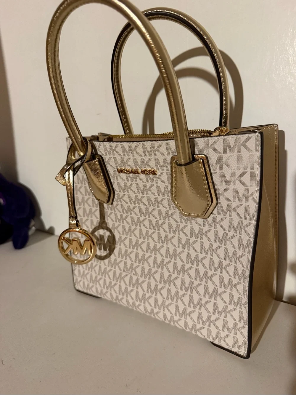 Michael Kors Vanilla MK Signature Satchel with Gold Accents